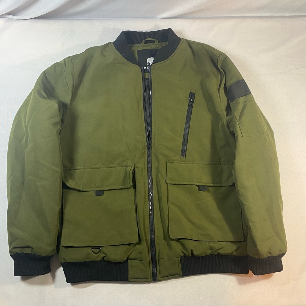 American Stitch Zip Bomber Jacket Olive Green Black Men's Size Medium